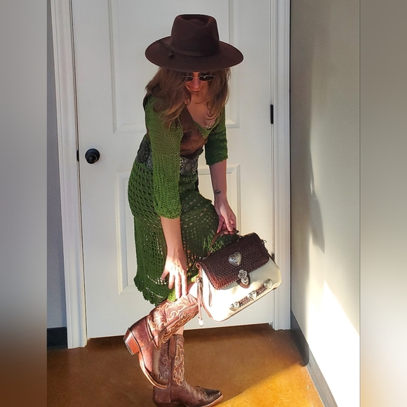 Green crochet midi western dress flare dress fall Fashion cowgirl medium crochet - Picture 6 of 7